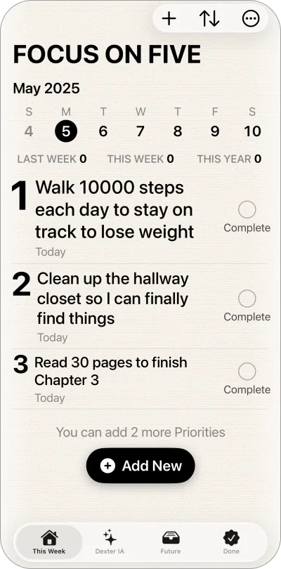 Focus on Five — weekly priorities view